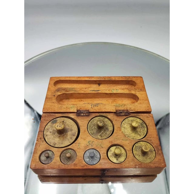 Pre-War Brass Weights in Scale Box, 1890s, Set of 9 For Sale - Image 3 of 6