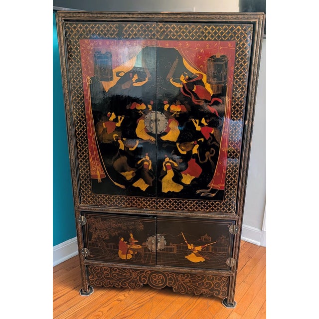 Chinoiserie Vintage Chinese Chinoiserie Black Lacquer Armoire Cabinet For Sale - Image 3 of 14