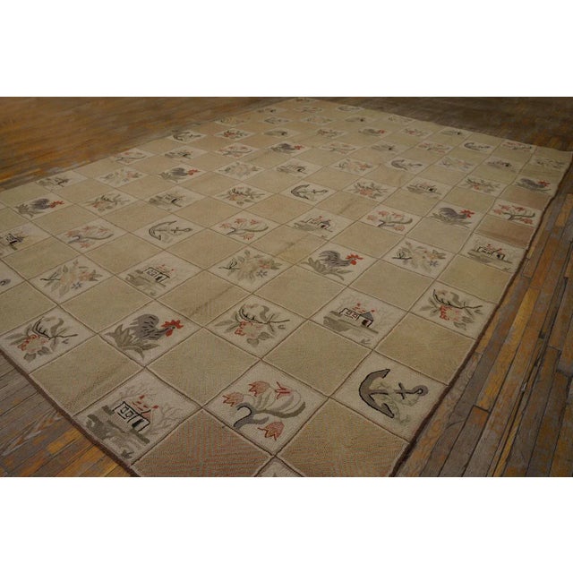 American 1930s Beige Rose Animal Folk Art Antique American Hooked Rug 10'0" X 13'9" Woven Wool Carpet For Sale - Image 3 of 9