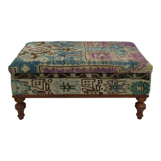 Contemporary Boho Chic Turkish Rug Upholstered Shoe Storage Bench For Sale