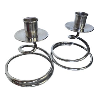 Vintage Pair of Sterling Silver Modernist Candlestick Twist For Sale