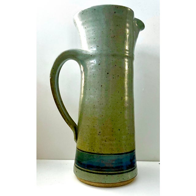 Late 20th Century Vintage Signed Studio Pottery Pitcher in Speckled Sage Green With Cobalt Blue Band For Sale - Image 5 of 9