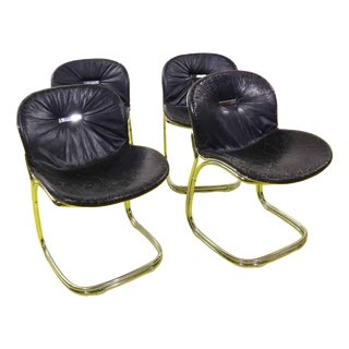 Black Faux Leather and Chrome Steel Chairs by Gastone Rinaldi, Set of 4 For Sale