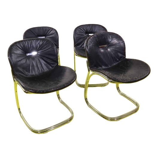Black Faux Leather and Chrome Steel Chairs by Gastone Rinaldi, Set of 4 For Sale