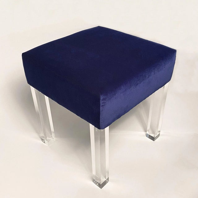Mid-Century Modern Navy Velvet Low Stools With Lucite Legs, Pair For Sale - Image 3 of 5