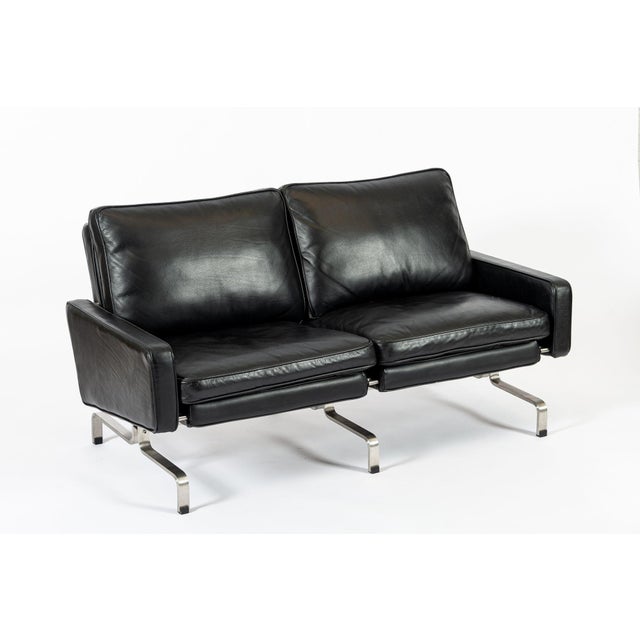 Mid-Century Modern Vintage Postmodern Black Leather & Brushed Steel Loveseat Sofa, 1980s For Sale - Image 3 of 11