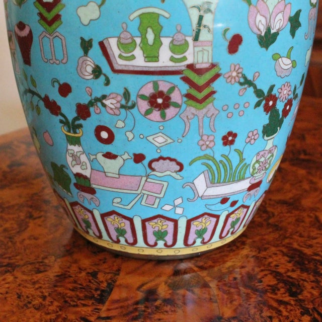 Pair Chinese Export Turquoise Cloisonneé Lidded Jars For Sale - Image 11 of 14