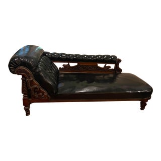 Antique Carved Mahogany & Black Leather Chaise Lounge W Dragon Motif For Sale