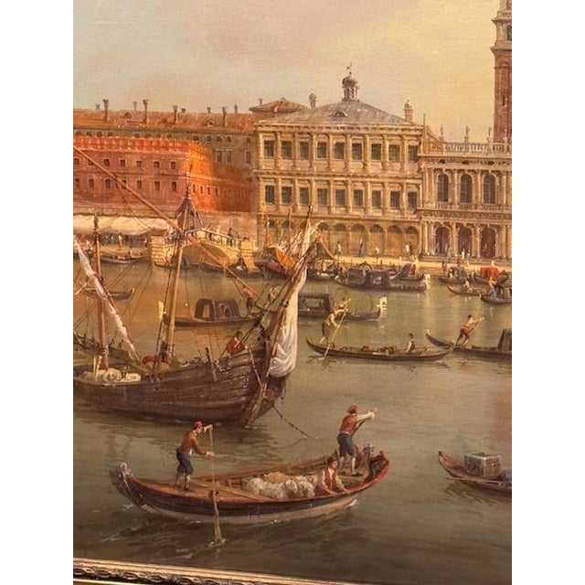Traditional Antique Oil on Canvas Painting of a Venetian Harbor For Sale - Image 3 of 8