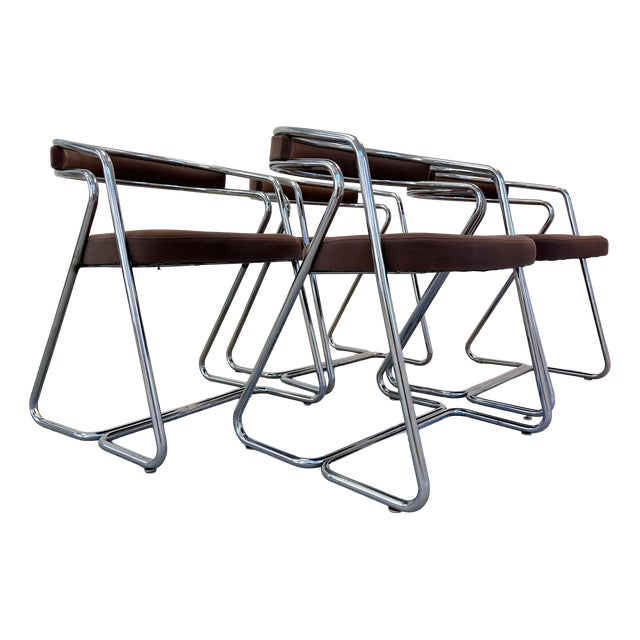 Upholstered Chairs in Chrome with Brown Velour, Set of 4 For Sale