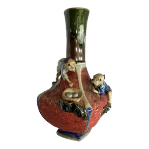 Late 19th Century Inoue Ryosai II Japanese Sumida Ware Vase With Two Men on Rocky Ledge