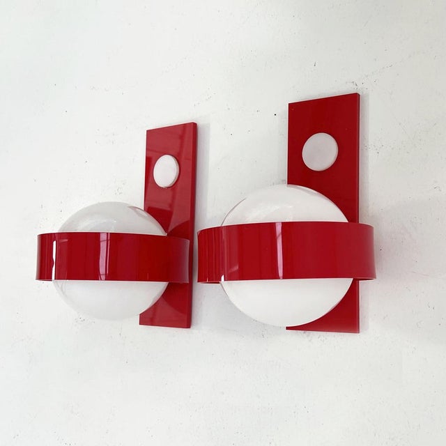 1970s Space Age Wall Lamps in Red & White Glass & Plastic, 1970s For Sale - Image 5 of 9