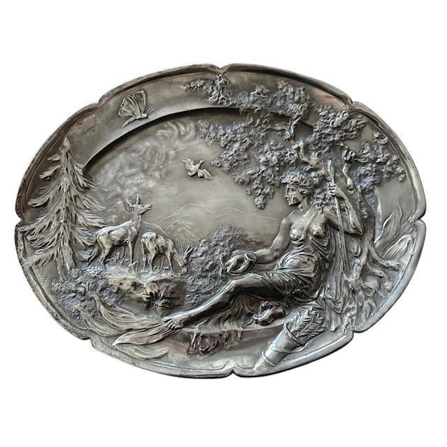 German Kaiser or Kayserzinn Platter. The photos do not capture the full beauty of this piece. Diana, goddess of the hunt,...