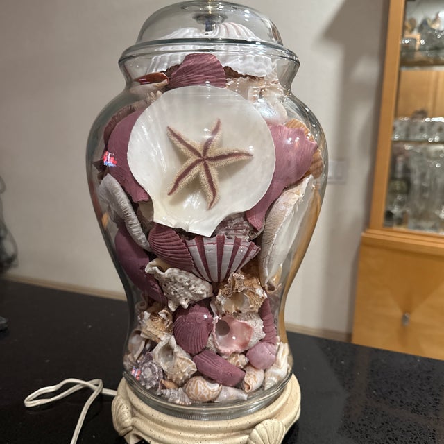 Pre owned Vintage seashell pink and white shell's. Glass vase lamp. Lamp works light Bulb and shade for lamp is not included.