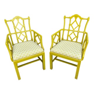 1970s Pair Beautifully Lacquered Yellow Chinese Chippendale Armchairs Clean Upholstery For Sale