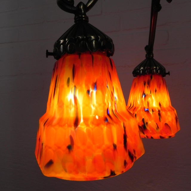 Metal Art Deco Pendant Lamp with 3 Orange Glass Shades, 1930s For Sale - Image 7 of 18