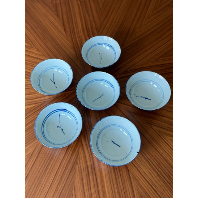 Antique Chinese Hand-Painted Blue & White Porcelain Bowls, C. 1800s-Set of 6 For Sale In Houston - Image 6 of 8