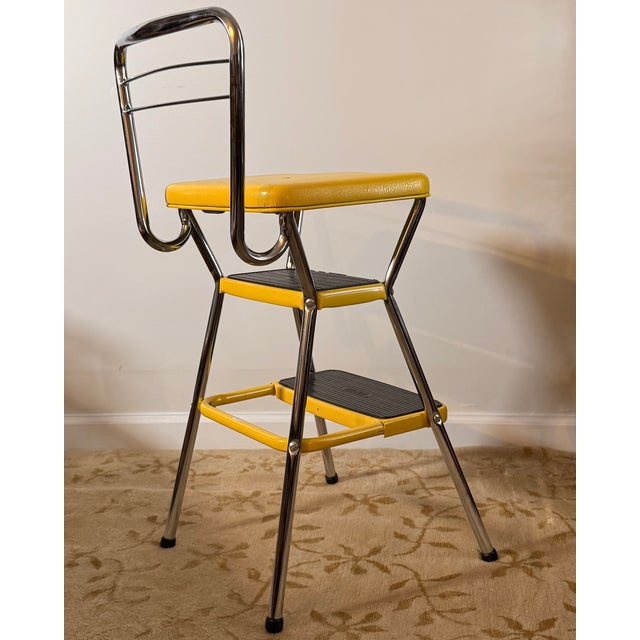 Metal Vintage Cosco Stylaire Yellow Chrome Step Stool Chair For Sale - Image 7 of 9