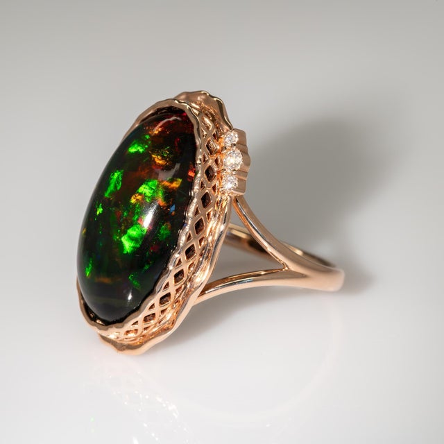 2020s 8.6Ct Black Opal Ring With Natural Diamond Accents: Solid 14k Gold, Size 6.75 For Sale - Image 5 of 8