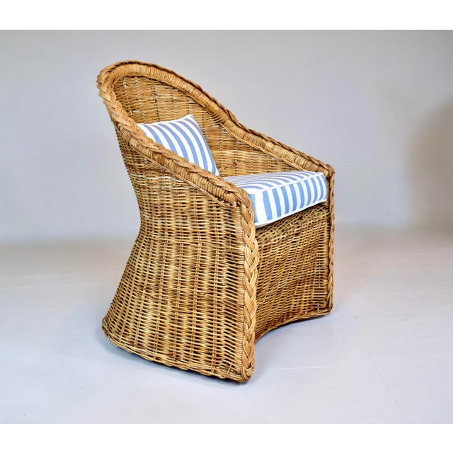 McGuire Coastal Braided Wicker Rattan Chairs After Michael Taylor Blue & White Stripes Upholstery For Sale - Image 4 of 13