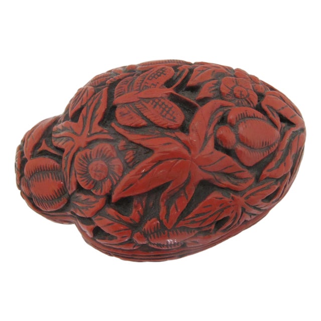 Chinese Carved Cinnabar Lacquer Fruit Shaped Butterfly & Flower Trinket Box For Sale