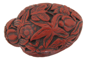 Chinese Carved Cinnabar Lacquer Fruit Shaped Butterfly & Flower Trinket Box