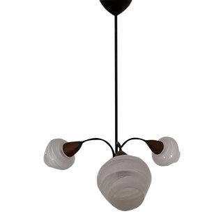 Vintage Black Lacquered Metal Frame, Teak, White Lacquered Glass Shades & Brass Finish 3-Arm Ceiling Lamp, 1970s For Sale