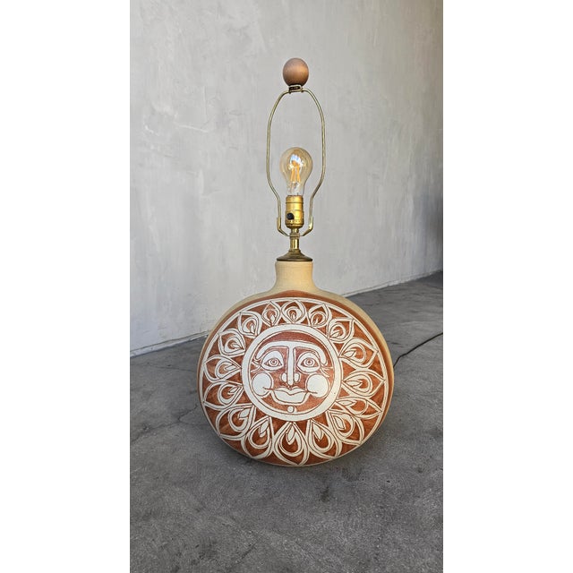 1970's Ceramic Sun Table Lamp, Signed Brown For Sale - Image 4 of 11