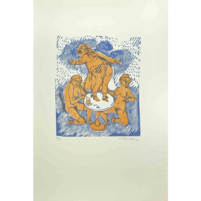 Dancing is a Linocut realized by Mino Maccari in the Mid-20th Century. Hand-signed in the lower right part. Numbered....