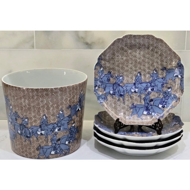 A distinctive vintage Fitz and Floyd Samurai Horsemen five-piece set featuring one ceramic ice bucket and four...