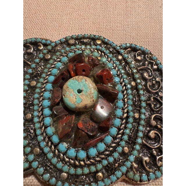 Vintage Heavy Brass Buckle With Turquoise & Inset Stones, Used -Great Shape For Sale - Image 11 of 12