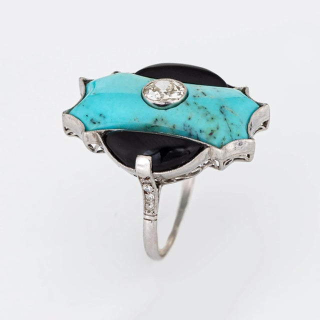 This is part of Chairish’s Fine Jewelry assortment. Finely detailed vintage Art Deco diamond, turquoise & onyx cocktail...
