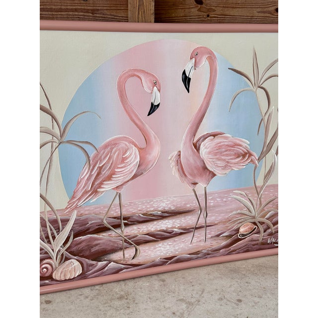 This vibrant vintage oil painting by Walcutt captures a pair of graceful flamingos set against a serene pastel background...