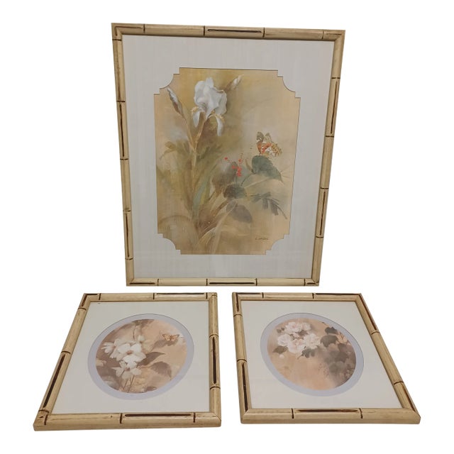Vintage Floral Print Set With Bamboo Look Frames - Set of 3 For Sale