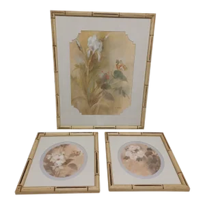 Vintage Floral Print Set With Bamboo Look Frames - Set of 3