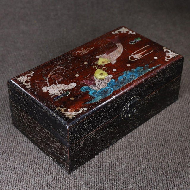 Late 20th Century Zitan Wood Box Inlaid With Mother-of-Pearl Fish Motif For Sale - Image 5 of 9