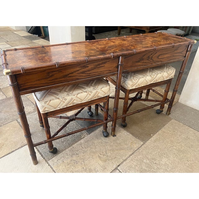 Hekman Burl Wood, Faux Bamboo Console With Nesting Stools & Brass Accents For Sale - Image 14 of 14