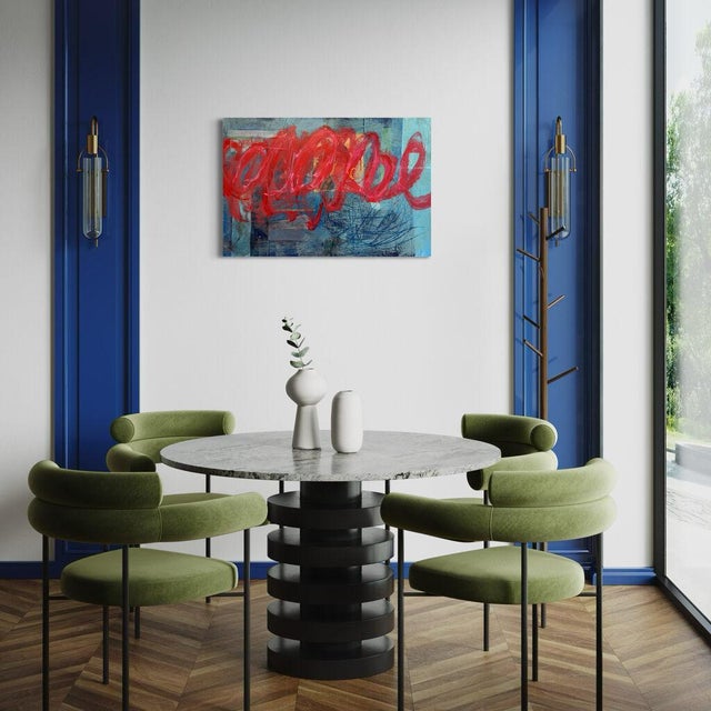 Christiane Corcelle "Rouge Pour Toujours I" Acrylic and Collage on Canvas, Abstract Painting With Red Loops on Teal Blue, 2026 For Sale In Boston - Image 6 of 6