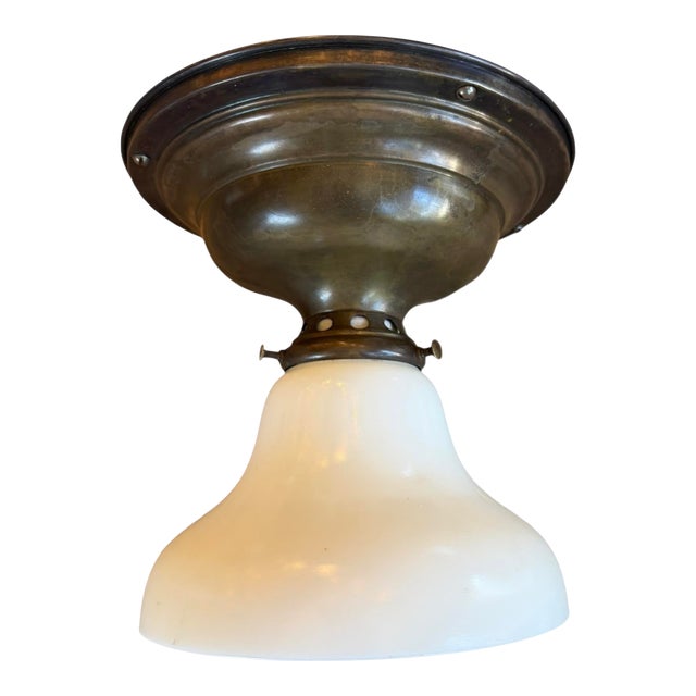 Vintage Brass and Milkglass Ceiling Light For Sale