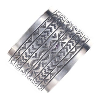 Large Navajo Sterling Heavy Stamped Cuff Bracelet For Sale