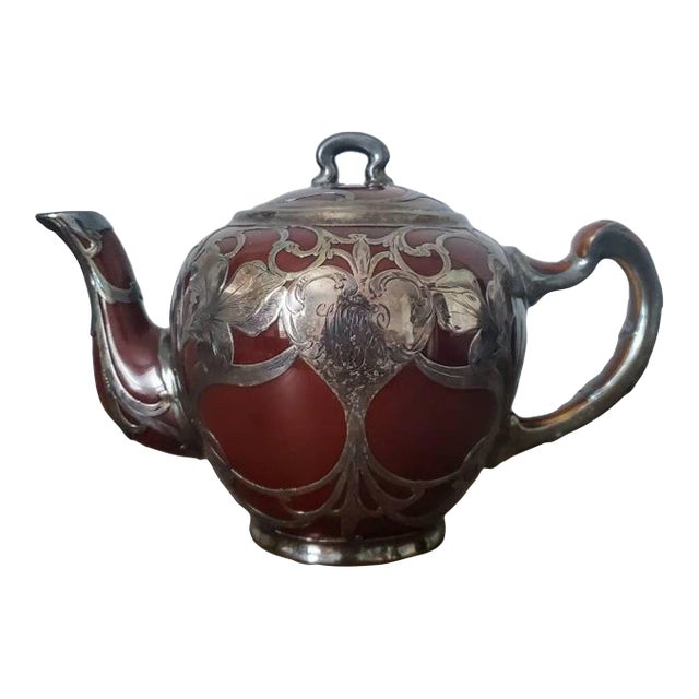 Antique Art Nouveau Lenox Silver Overlay Treacle Teapot For Sale