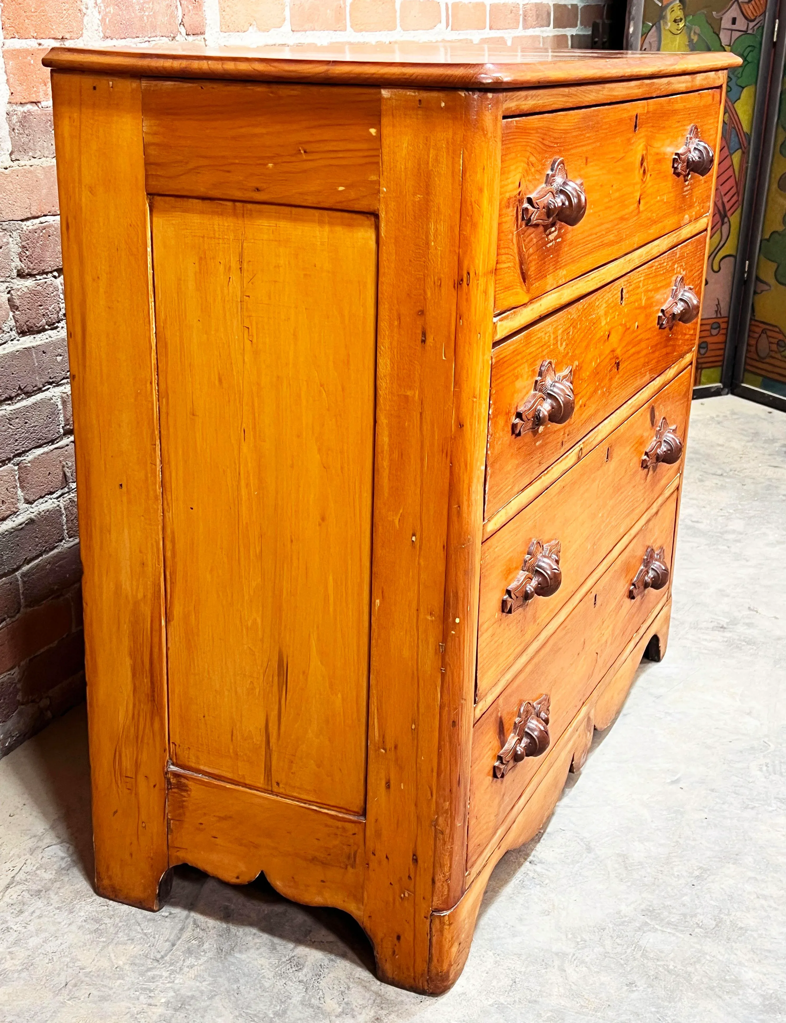 Antique 19th C. Cottage Pine 4 Drawer Dresser / Chest With Walnut Carved  Pulls | Chairish
