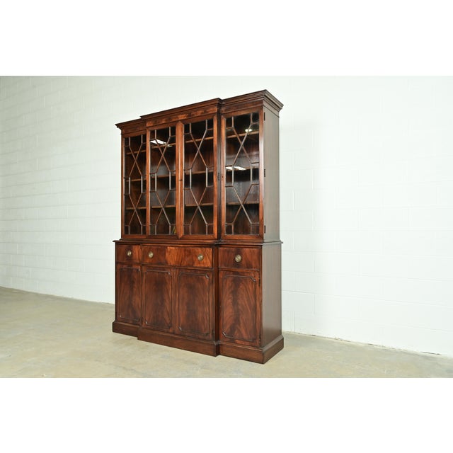 English Baker Furniture Style Georgian Flame Mahogany Breakfront Bookcase Cabinet With Drop Front Secretary Desk For Sale - Image 3 of 16