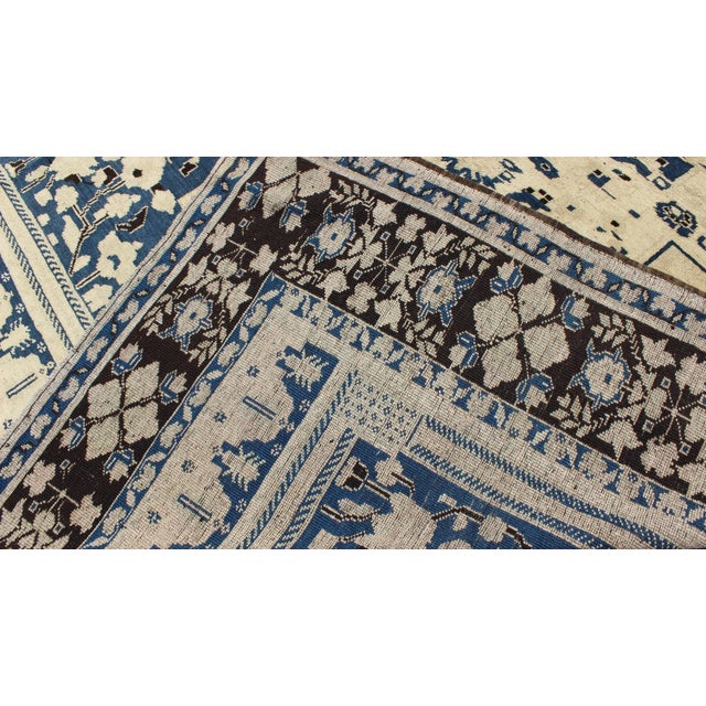 Brown Mid 20th Century Vintage Turkish Medallion Oushak Rug in Navy Blue, D. Brown and Cream Tones For Sale - Image 8 of 9