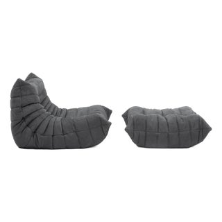 Authentic Restored Togo Fireside Chair and Ottoman in Shadow Grey Microfibre - Vintage Ligne Roset For Sale