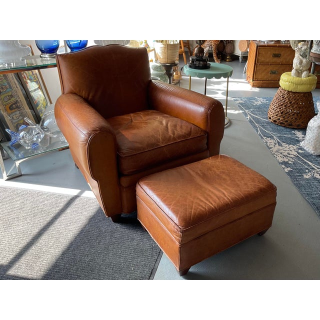 Wood Vintage Vanguard Leather Club Chairs With Ottoman For Sale - Image 7 of 7