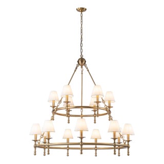 Aloadecor Two-Tier Vintage Brass Chandelier With White Fabric Shades for High Ceilings For Sale