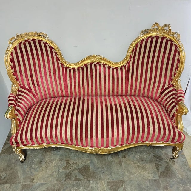 Gold Antique French Striped Baroque Carved Giltwood Chairs and Sofa Set - Project For Sale - Image 8 of 12