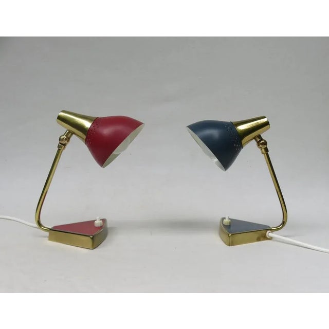 Mid-Century Modern Small Red and Blue Brass Bedside Table Lights, 1950s, Set of 2 For Sale - Image 3 of 18