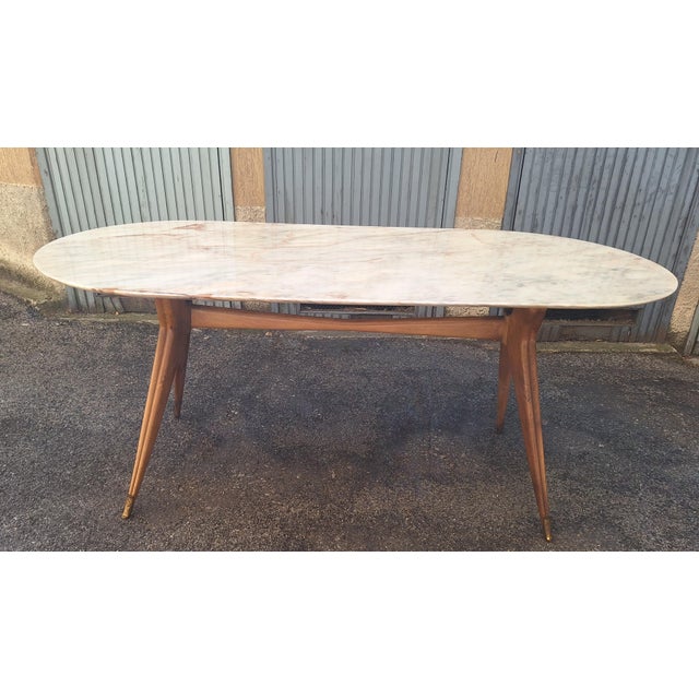 Dining Table with Wooden Base, Brass Finishes and Marble Top, 1950s For Sale - Image 6 of 6